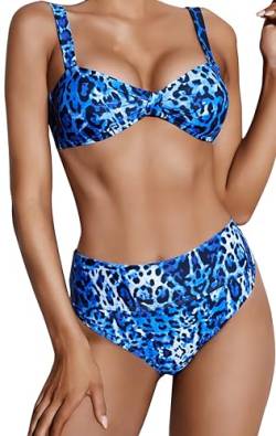 Ocean Plus Damen Regenbogen Gestreiftes Dreieck Bikini Set Push Up mit Bügel Zweiteilig Tankini Bademode (XL (EU 40-42), Blauer Leopard) von Ocean Plus