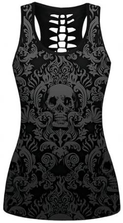 Ocean Plus Damen Schädel Sport Tops Gothic Tank Top Ärmellos Workout Weste Criss Cross Hemd Halloween Schnelltrocknendes Laufshirt (3XL (Brustumfang: 110 cm), Blumenförmiger dunkler Totenkopf) von Ocean Plus