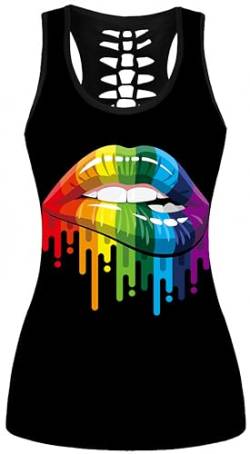 Ocean Plus Damen Schädel Sport Tops Gothic Tank Top Ärmellos Workout Weste Criss Cross Hemd Halloween Schnelltrocknendes Laufshirt (L (Brustumfang: 92 cm), Regenbogen-Lippen) von Ocean Plus