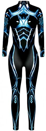 Ocean Plus Damen Slim Fit Maschinenrüstung Halloween Jumpsuit Bodysuit mit Skelett Digitaldruck Schmaler Langarm Overall (M, Blau-schwarzer Mech) von Ocean Plus