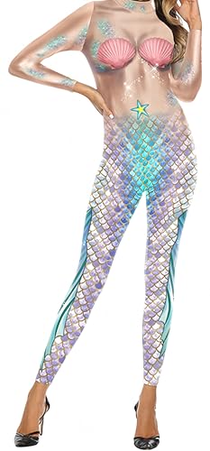 Ocean Plus Damen Slim Fit Maschinenrüstung Halloween Jumpsuit Bodysuit mit Skelett Digitaldruck Schmaler Langarm Overall (S, Silberblaue Meerjungfrau) von Ocean Plus