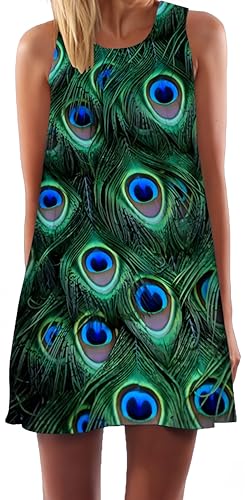 Ocean Plus Damen Sommer Ärmellos Bunt Tops Kleider Pfau Blumen Strandkleider Eule Kurz A Linie Kleid Cover Up (S (EU 34-36), Pfau) von Ocean Plus