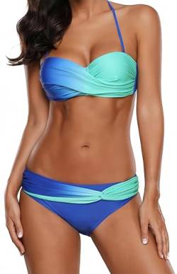 Ocean Plus Damen Sommer Mehrfarbig Geraffte Tie Dye Bandeau Twist Bikini Set Push up mit Bügel Beachwear (L (EU 36-38), Blau) von Ocean Plus