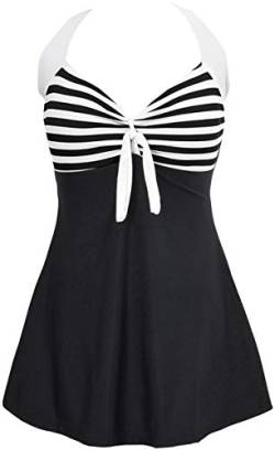 Ocean Plus Damen Sommer Retro Vintage Neckholder Sternchen Punkte Badekleid mit Rock Streifen Badeanzug mit Shorts Bademode Große Größen Beachwear (3XL (EU 42-44), Schwarz und weiß Streifen) von Ocean Plus