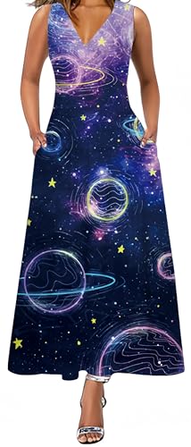 Ocean Plus Damen Sommerk Ärmelloses Langes Kleid mit V-Ausschnitt und Vintage Blumendruck Maxikleid (3XL, Tiefblaue Planeten) von Ocean Plus