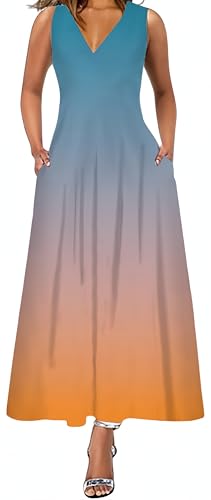 Ocean Plus Damen Sommerk Ärmelloses Langes Kleid mit V-Ausschnitt und Vintage Blumendruck Maxikleid (5XL, Blau orange) von Ocean Plus