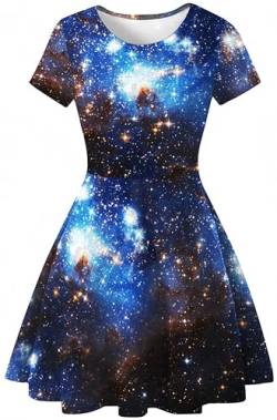 Ocean Plus Damen Sternenhimmel Digitaldruck A-Linien Kurzarmkleid mit Rundhalsausschnitt Kurzärmliges T-Shirt Kleid Swingrock Schaukelrock (L (EU 36-38), Blaue Galaxie) von Ocean Plus