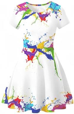 Ocean Plus Damen Sternenhimmel Digitaldruck A-Linien Kurzarmkleid mit Rundhalsausschnitt Kurzärmliges T-Shirt Kleid Swingrock Schaukelrock (L (EU 36-38), Bunter Spritzer) von Ocean Plus