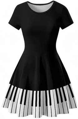 Ocean Plus Damen Sternenhimmel Digitaldruck A-Linien Kurzarmkleid mit Rundhalsausschnitt Kurzärmliges T-Shirt Kleid Swingrock Schaukelrock (L (EU 36-38), Klavier) von Ocean Plus