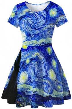 Ocean Plus Damen Sternenhimmel Digitaldruck A-Linien Kurzarmkleid mit Rundhalsausschnitt Kurzärmliges T-Shirt Kleid Swingrock Schaukelrock (M (EU 34-36), Sternennacht) von Ocean Plus