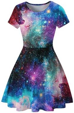 Ocean Plus Damen Sternenhimmel Digitaldruck A-Linien Kurzarmkleid mit Rundhalsausschnitt Kurzärmliges T-Shirt Kleid Swingrock Schaukelrock (XL (EU 38-40), Bunte Galaxie) von Ocean Plus