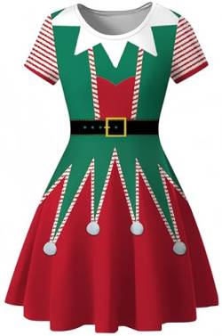 Ocean Plus Damen Sternenhimmel Digitaldruck A-Linien Kurzarmkleid mit Rundhalsausschnitt Kurzärmliges T-Shirt Kleid Swingrock Schaukelrock (XL (EU 38-40), Rote und weiße Streifen Weihnachtselfe) von Ocean Plus