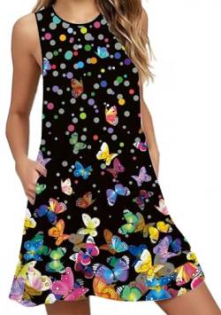 Ocean Plus Damen Sternenhimmel Digitaldruck Ärmellose Taschen Schulterfreies Westenkleid A-Linen Kleid (S (EU 34-36), Bunte Schmetterlinge) von Ocean Plus