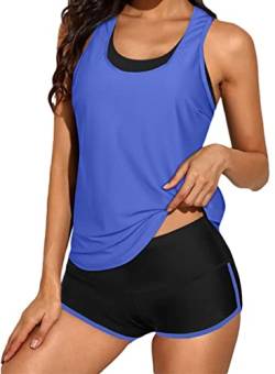 Ocean Plus Damen Tankini mit Sportdruck Schwarz Netz Tops Crossback Bademode Shorts Dreiteiliger Tankini Set (XL (EU 40-42), Blau schwarz) von Ocean Plus