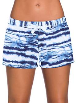 Ocean Plus Damen Unifarben Badeshorts mit Verstellbarem Tunnelzug Wassersport UV-Schutz Bikinihose Boardshorts Hotpants (L (EU 38-40), Dunkelblaue Streifen) von Ocean Plus