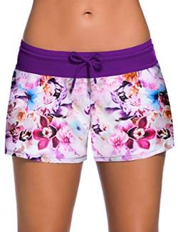 Ocean Plus Damen Unifarben Badeshorts mit Verstellbarem Tunnelzug Wassersport UV-Schutz Bikinihose Boardshorts Hotpants (L (EU 38-40), Violette Blumen) von Ocean Plus