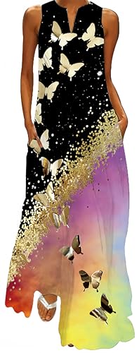 Ocean Plus Damen V-Ausschnitt mit Taschen Große Schaukel Ärmelloser Langer Rock Vintage Blumendruck Kleid (XL, Schwarze und goldene Schmetterlinge) von Ocean Plus