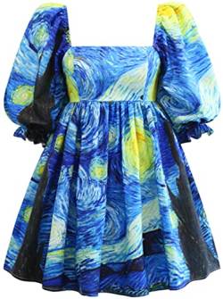 Ocean Plus Damenkleid mit Digitalem Druck Quadratischer Ausschnitt Ballon Kleid mit Laternenärmeln und Kurzen Ärmeln Rückenfrei Puffiges Prinzessinnenkleid (S, Sternennacht) von Ocean Plus