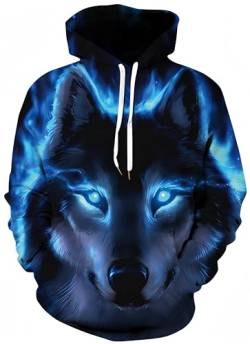 Ocean Plus Herren 3D Mehrfarbig Hoodie Schädel Kapuzenpullover Bunt Wolf Pulli Totenkopf Sweatshirt mit Kapuzen (L/XL (Brustumfang: 114-134CM), Blauäugiger glühender Wolf) von Ocean Plus