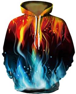 Ocean Plus Herren 3D Mehrfarbig Hoodie Schädel Kapuzenpullover Bunt Wolf Pulli Totenkopf Sweatshirt mit Kapuzen (L/XL (Brustumfang: 114-134CM), Rote und Blaue Flamme) von Ocean Plus