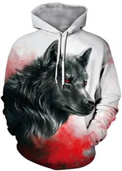 Ocean Plus Herren Bunter Hoodie Pulli mit Kapuzen Unisex Kapuzenpullover mit Digitaldruck und Kordelzug Langarm Sweatshirt mit Fronttaschen (XL (Brustumfang: 122-142CM), Rotäugiger Wolf) von Ocean Plus