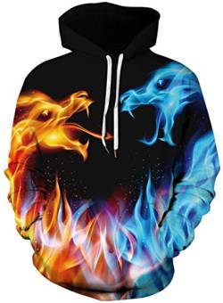 Ocean Plus Herren Bunter Hoodie Pulli mit Kapuzen Unisex Kapuzenpullover mit Digitaldruck und Kordelzug Langarm Sweatshirt mit Fronttaschen (XXL (Brustumfang: 127-147CM), EIS- und Feuerdrachen) von Ocean Plus