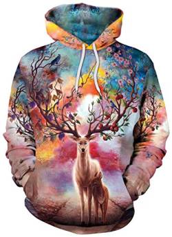 Ocean Plus Herren Fun Hoodie Halloween Kapuzenpullover mit Kängurutasche Weihnachten Langarm Sweatshirt Mehrfarbig Aufdruck Pulli Pullover (L (Brustumfang: 112CM), Hirsch Bloom und Früchte) von Ocean Plus