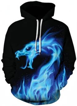 Ocean Plus Herren Fun Hoodie Halloween Kapuzenpullover mit Kängurutasche Weihnachten Langarm Sweatshirt Mehrfarbig Aufdruck Pulli Pullover (M (Brustumfang: 108CM), Blaues Feuerdrache) von Ocean Plus