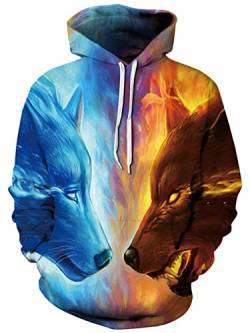 Ocean Plus Herren Kapuzenpullover Lebensecht 3D Grafik Hoodie mit Kängurutasche Pullover mit Kapuze Sweat Hood (L/XL (Brustumfang: 114-134CM), Eisfeuer Wolf) von Ocean Plus