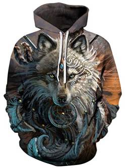 Ocean Plus Herren Kapuzenpullover Lebensecht 3D Grafik Hoodie mit Kängurutasche Pullover mit Kapuze Sweat Hood (XXL/3XL (Brustumfang: 126-146CM), Totemwolf) von Ocean Plus