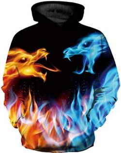 Ocean Plus Jungen 3D Kapuzenpullover Spaß Sweatshirt Hoodie mit Kängurutasche Sportlich Digitaldruck Pullover mit Kapuze (XL (Körpergröße: 135-145cm), EIS- und Feuer Drachen) von Ocean Plus