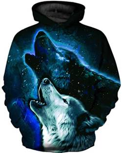 Ocean Plus Jungen 3D Kapuzenpullover Spaß Sweatshirt Hoodie mit Kängurutasche Sportlich Digitaldruck Pullover mit Kapuze (XXL (Körpergröße: 145-155cm), Heulender Blauer Wolf) von Ocean Plus