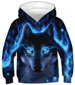 Ocean Plus Jungen Kapuzenpullover Bunt Teens Hoodie Kinder Langarm Pulli mit Kapuzen Sweatshirt Pullover (S (Körpergröße: 125-130cm), Blauäugiger Schwarzer Wolf) von Ocean Plus