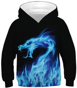 Ocean Plus Jungen Kapuzenpullover Bunt Teens Hoodie Kinder Langarm Pulli mit Kapuzen Sweatshirt Pullover (S (Körpergröße: 125-130cm), Blauer Feuer Drache 7) von Ocean Plus