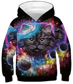 Ocean Plus Jungen Kapuzenpullover Digitaldruck Hoodie Langarmshirt Pullover Sweatshirts mit Kapuze (L (Körpergröße: 145-150cm), Bunte Galaxie Katze) von Ocean Plus