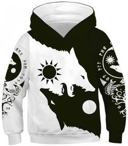 Ocean Plus Jungen Kapuzenpullover Digitaldruck Hoodie Langarmshirt Pullover Sweatshirts mit Kapuze (L (Körpergröße: 145-150cm), Wikinger Wolf Totem) von Ocean Plus