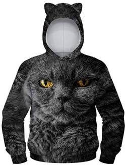 Ocean Plus Jungen Kapuzenpullover mit Katzenohren Langarmshirt mit Digitaldruck Kinder Tierdruck Sweatshirt Kätzchen Pullover (XS (Körpergröße: 115-120cm), Gelbäugige Schwarze Katze) von Ocean Plus