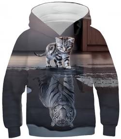 Ocean Plus Jungen Lange Ärmel Sweatshirt Tiere Digitaldruck Pulli mit Kapuzen Freizeit Sport Galaxie Kinder Kapuzenpullover (L (Körpergröße: 145-150cm), Tiger Katze) von Ocean Plus