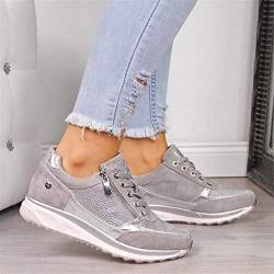 Oceansee Damen-Freizeitschuhe, modische flache Schuhe mit Keilabsatz, Reißverschluss, Schnürsenkel, bequeme Damen-Sneaker, vulkanisierte Schuhe, Silber, 38 von Oceansee