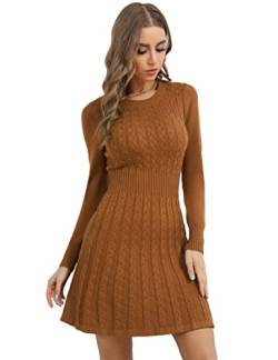 Ocextami Damen Strickkleid Elegant Pulloverkleid WeihnachtsPulloverkleid Chrismas Rundhals Pullikleid Minikleid Strickpullover Langarm Zopfmuster Kleid für Freizeit Cocktail Party BraunXXL von Ocextami