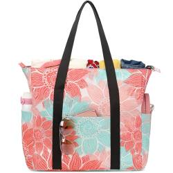 Octsky Wasserdichte Strandtasche für Damen, Pooltasche, große Tragetasche mit Reißverschluss für Strandreisen, Blumenmuster, Orange, Large von OctSky