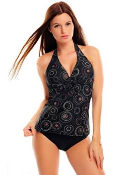 Neckholder Damen Tankini Set mit Slip 2tlg. Badeanzug f5538 Farbe: A(1074)-S4(sw) Tankini Schwarz mit Kreisen, Slip Schwarz, Gr. 54 von Octopus