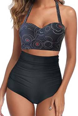 Octopus Trendiger Damen Bügel Bikini 2tlg. Bademode Set High Waist Slip f5674 Farbe: B22(1074)-S11(sw) Bikini Oberteil Schwarz mit Kreisen (1074), Slip Schwarz, Gr. 38 von Octopus