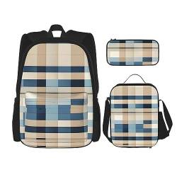 OdDdot Schultaschen-Sets Rucksäcke für Mädchen Schultaschen für Schüler Arbeit Mittagessen Tasche Federmäppchen Unisex Chinesische Landschaftsmalerei, Blau-beige-Quadrat-Muster, Einheitsgröße von OdDdot