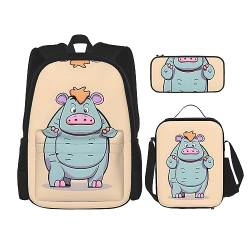 OdDdot Schultaschen-Sets Rucksäcke für Mädchen Schultaschen für Schüler Arbeit Mittagessen Tasche Federmäppchen Unisex Cocktailgläser und Weinflaschen, Cartoon Flusspferde, Einheitsgröße von OdDdot