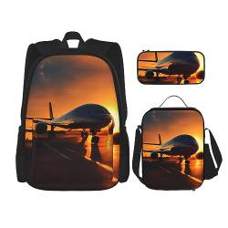 OdDdot Schultaschen-Sets Rucksäcke für Mädchen Schultaschen für Schüler Arbeit Mittagessen Tasche Federmäppchen Unisex Flugzeug Cockpit, Flugzeug bei Sonnenuntergang, Einheitsgröße von OdDdot