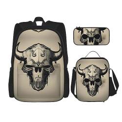 OdDdot Schultaschen-Sets Rucksäcke für Mädchen Schultaschen für Schüler Arbeit Mittagessen Tasche Federmäppchen Unisex Muschel Seestern, Runner Bull Skull, Einheitsgröße von OdDdot