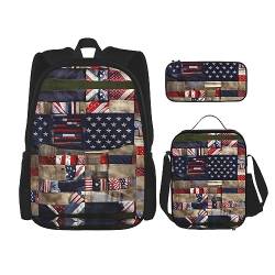 OdDdot Schultaschen-Sets Rucksäcke für Mädchen Schultaschen für Schüler Arbeit Mittagessen Tasche Federmäppchen Unisex Schwarz und Weiß Pferde Laufen, Amerikanische Flagge Patchwork, Einheitsgröße von OdDdot