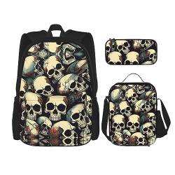 OdDdot Schultaschen-Sets Rucksäcke für Mädchen Schultaschen für Schüler Arbeit Mittagessen Tasche Federmäppchen Unisex Sugar Skull, Totenkopf Skelett, Einheitsgröße von OdDdot