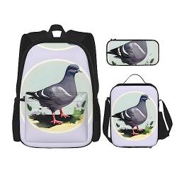 OdDdot Schultaschen-Sets Rucksäcke für Mädchen Schultaschen für Studenten Arbeit Mittagessen Tasche Federmäppchen Unisex Jet Fighters, Grauer Taubenaufdruck, Einheitsgröße von OdDdot